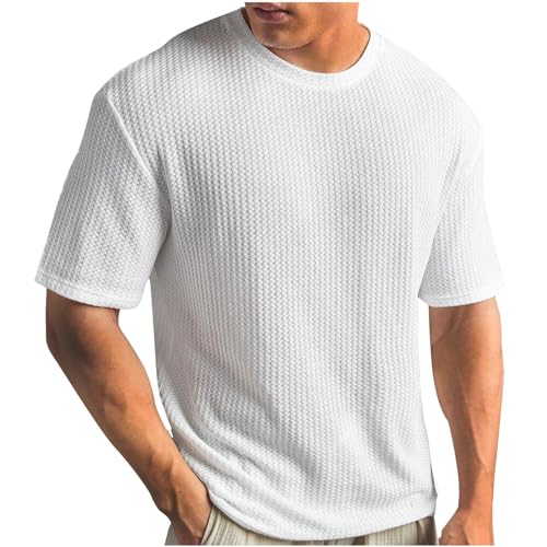 Große Größen Strick Tshirt Herren Einfarbig Feinripp T-Shirt Casual Rundhals Strickshirt Sommer Gerippt T Shirt Waffle Sportshirt Leichte Kurzarm Oberteile Bequem Basic Top Fitnessshirt S-5XL von Ybing