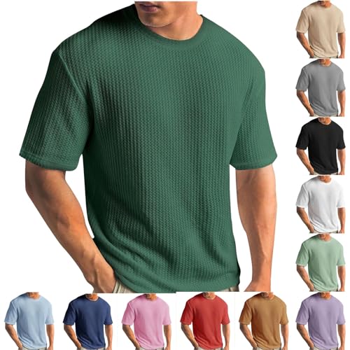 Große Größen Strick Tshirt Herren Einfarbig Feinripp T-Shirt Casual Rundhals Strickshirt Sommer Gerippt T Shirt Waffle Sportshirt Leichte Kurzarm Oberteile Bequem Basic Top Fitnessshirt S-5XL von Ybing