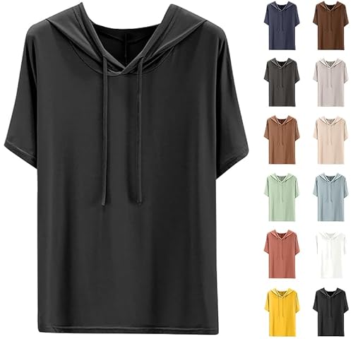 Hoodie Damen Kurzarm Lässig Einfarbig T-Shirt mit Kapuze Sommer Dünne Kapuzenpullover Locker Sportlich Hoody Oberteile Modische Sweatshirt Bequem Kordelzug Kapuzenpulli Leichte Hoody Sportshirt von Ybing
