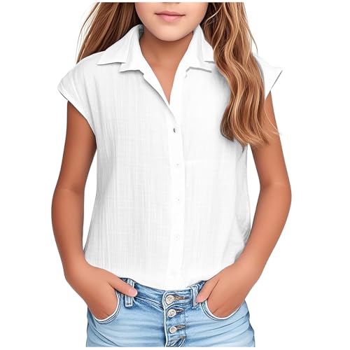 Kurzarm Bluse Mädchen Musselin Oberteile Revers Button-Down Sommerbluse Kinder Einfarbig Bluseshirt Atmungsaktiv Blusentop Baggy Passform Tops Frühjahr Sommer Kurzarmbluse Strandshirt Blitzangebote von Ybing