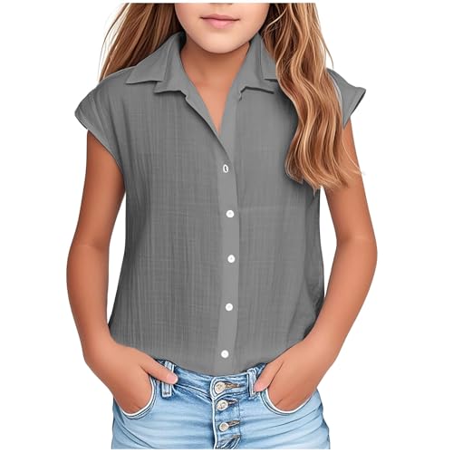 Kurzarm Bluse Mädchen Musselin Oberteile Revers Button-Down Sommerbluse Kinder Einfarbig Bluseshirt Atmungsaktiv Blusentop Baggy Passform Tops Frühjahr Sommer Kurzarmbluse Strandshirt Warehouse Deal von Ybing