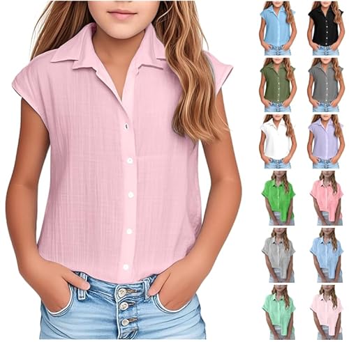 Kurzarm Bluse Mädchen Musselin Oberteile Revers Button-Down Sommerbluse Kinder Einfarbig Bluseshirt Atmungsaktiv Blusentop Baggy Passform Tops Frühjahr Sommer Kurzarmbluse Strandshirt Warehouse Deal von Ybing