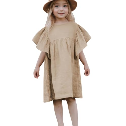 Leinenkleid Mädchen Einfarbig Musselin Kleider Casual Baumwolle Leinen Sommerkleid Locker Boho Strandkleid Leichte Kurzarm Minikleid Rundhals A-Linien Shirtkleid Knielang Tunikakleid Freizeitkleid von Ybing