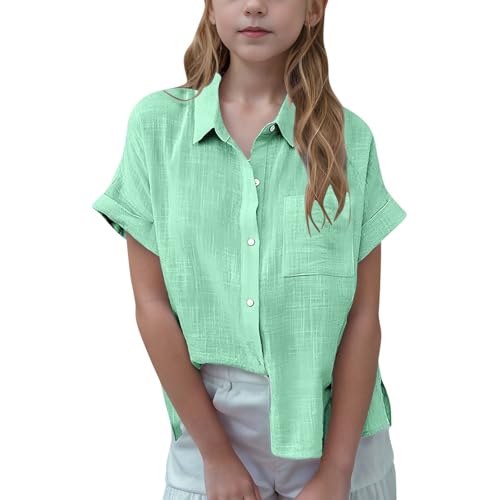 Mädchen Shirt Lose Bluse V-Ausschnitt Atmungsaktive T-Shirt Button Down Longbluse Kurzarm Einfarbig Leichte Cardigan Top Girls Sommer Freizeit Blusen Kinder und Teenager Black Friday Angebote von Ybing