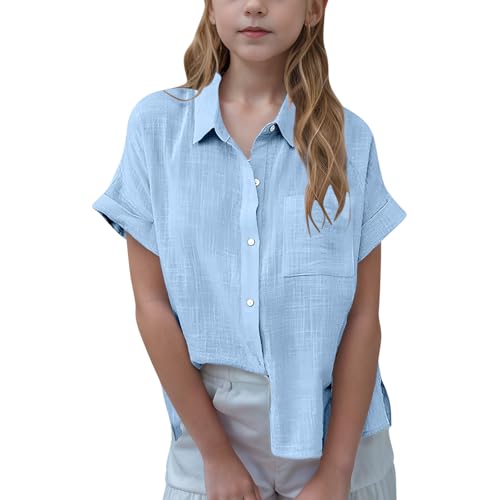 Mädchen Shirt Lose Bluse V-Ausschnitt Atmungsaktive T-Shirt Button Down Longbluse Kurzarm Einfarbig Leichte Cardigan Top Girls Sommer Freizeit Blusen Kinder und Teenager Prime of Day Angebote von Ybing