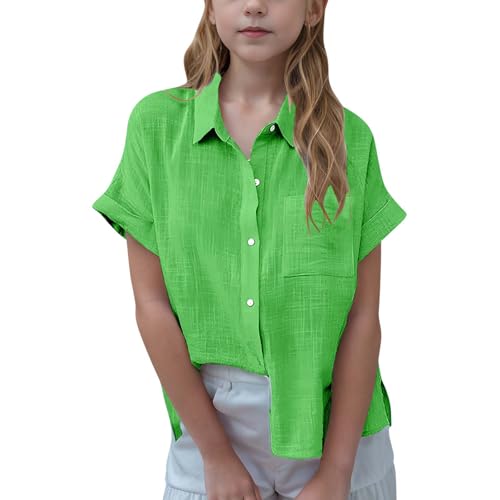 Mädchen Shirt Lose Bluse V-Ausschnitt Atmungsaktive T-Shirt Button Down Longbluse Kurzarm Einfarbig Leichte Cardigan Top Girls Sommer Freizeit Blusen Kinder und Teenager Prime of Day Angebote von Ybing