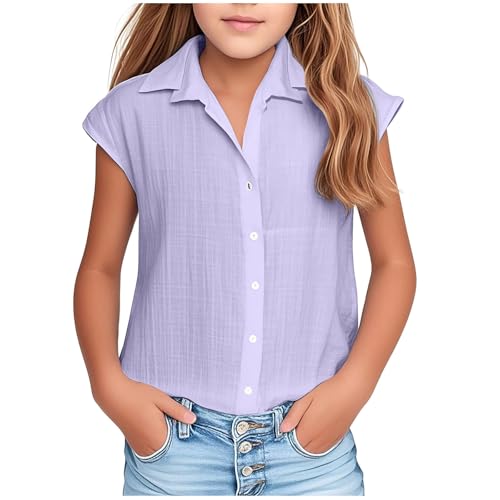 Mädchen Shirt Lose Bluse V-Ausschnitt Atmungsaktive T-Shirt Button Down Longbluse Kurzarm Einfarbig Leichte Cardigan Top Girls Sommer Freizeit Blusen Kinder und Teenager Warehouse Deals Angebote von Ybing
