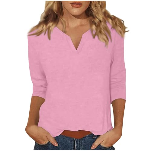 Prime of Day 2025 Angebote Damen Tshirt 3/4 Arm Sommer Lässig V-Ausschnitt Langarmshirt Modische Einfarbig Bluse 2025 Neueste T-Shirt Slim Fit Oberteile Blusebshirt Bequem Basic Top von Ybing