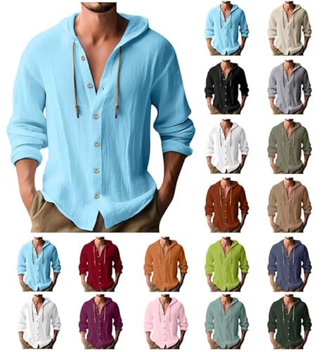 Prime of Day 2025 Angebote Leinenhemd Herren Baumwolle Leinen Hoodie Einfarbig Hoody Oberteile Knopfleiste Langarm Hemd mit Kapuze Modische Langarmshirt Locker Sommer Shirt Leichte von Ybing
