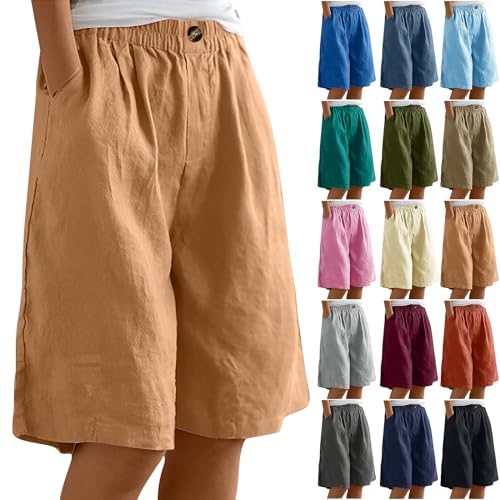 Shorts Damen Sommer Leinen Musselin Kurze Hose Beach Shorts Mit Taschen Mode Lässige Stoffhose Freizeit Shorts hoher Taille Stretch Gerades Bein Sport Shorts mit Kordelzug Leinenhose Die Discounter von Ybing
