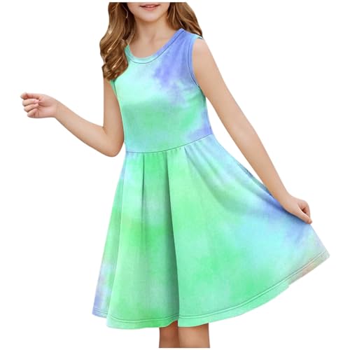Sommerkleid Mädchen Elegante Mädchen Kleider Knielang Tank Kleid mit Zurückgezogener Taille Schlank Rundhals A-Linien Swingkleid Ärmellos Rockabilly Partykleid 3-14 Jahre Happy New Year 2025 von Ybing
