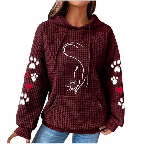 Ybing Angebote Waffle Kapuzenpullover Damen Kawaii Kätzchen Druck Hoodie Katzenpfoten Muster Sweatshirt mit Kapuze Casual Kapuzenpulli Locker Hoody Oberteile Warme Pullover von Ybing