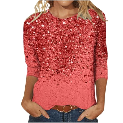 Ybing Angebote des Tages Heute blitzangebote 3/4 Ärmel Pullover Damen Glitzer Druck Langarmshirt Casual Rundhals Bluse Leichte Langarm Tshirt Locker Pulli Dünne Longsleeve von Ybing