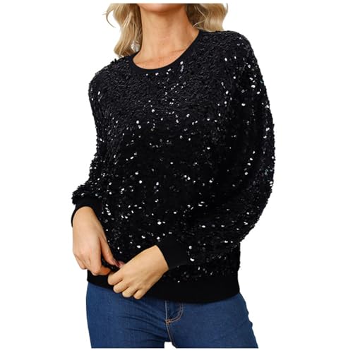 Ybing Black Friday 2024 Angebote Pailletten Sweatshirt Damen Modische Pullover Ohne Kapuze Glitzer Langarmshirt Schlank Rundhals Bluse Shiny Langarm Pulli Bequem Oberteile Teenager von Ybing