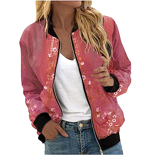 Ybing Bomberjacke Mädchen Damen Einfarbig/Blumenmuster Frühlingsjacke Leichte Sommerjacke Sommer Reißverschluss College Jacke Dünne Pilotenjacke Übergangsjacke Modische Fliegerjacke Shirtjacke von Ybing