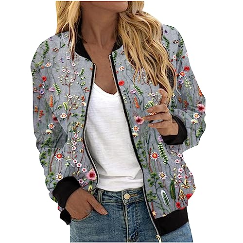 Ybing Bomberjacke Mädchen Damen Einfarbig/Blumenmuster Frühlingsjacke Leichte Sommerjacke Sommer Reißverschluss College Jacke Dünne Pilotenjacke Übergangsjacke Modische Fliegerjacke Shirtjacke von Ybing