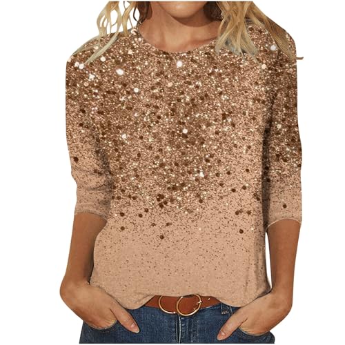 Ybing Discounter 3/4 Ärmel Pullover Damen Glitzer Druck Langarmshirt Casual Rundhals Bluse Leichte Langarm Tshirt Locker Pulli Dünne Longsleeve Oberteile Teenager Mädchen Basic von Ybing