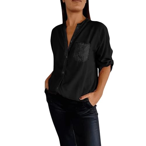 Ybing Discounter Pailletten Hemd Damen Knopfleiste Stehkragen Hemdbluse Modische Glitzer Langarmshirt Einfarbig Shiny Shirt Schlank Langarm Oberteile Große Größen Freizeithemden Baumwolle von Ybing