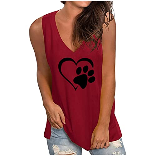 Ybing Discounter Tank Top Damen Herz Hundepfote Muster Tanktops Casual V-Ausschnitt Unterhemd Locker Bluse Dünne Ärmellos Tshirt Leichte Oberteile Trägershirts Sommer Weste von Ybing