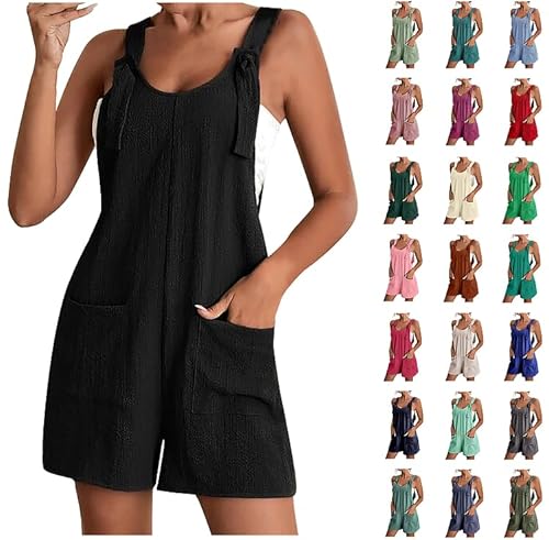 Ybing Jumpsuit Damen Elegant Sommer Kurz Leinenhose Baumwolle Leinen Latzhosen Casual Lose Overalls Einfarbig Leicht Einteiler Shorts Ärmellos Trägerhose mit Taschen Arbeitshose Playsuit Discounter von Ybing