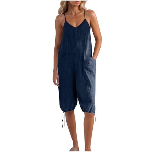 Jumpsuit Damen Sommer Ärmellos Musselin Latzhose Lässige Baumwolle Leinen Overalls Elegant Einfarbig Playsuit Leinenhose Vintage Einteiler mit Taschen V-Ausschnitt Träger Prime of Day Angebote von Ybing