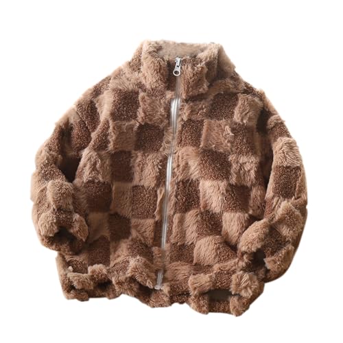 Ybing Kariert Teddyjacke Mädchen Warme Fleecejacke Weich Plüschjacke Einfarbig Fleece Winterjacke Reißverschluss Stehkragen Wintermantel Bequem Wollmantel von Ybing