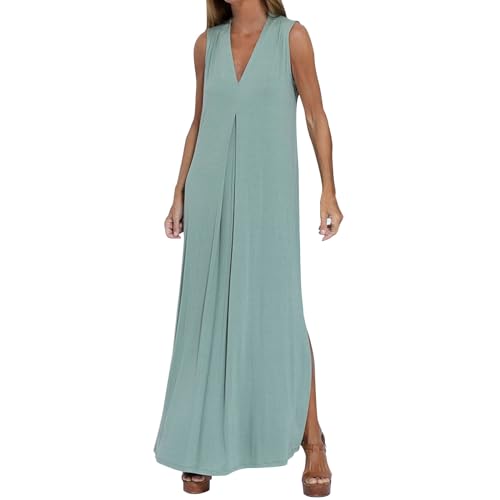 Ybing Maxikleid Damen Lässig V-Ausschnitt Kleider Einfarbig Knöchellang Sommerkleid Schlank Ärmellos Strandkleid Fließende Tank Kleid Leichte Partykleid Baumwolle A-Linien Kleid Freizeitkleid von Ybing
