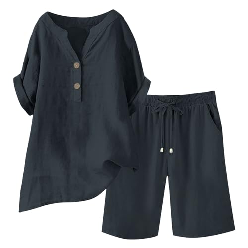 Ybing Musselin Set Damen Elegante Leinenbluse und Elastische Taille Shorts Sommer 2 Teiler Leinenanzug Baumwolle Leinen Lounge Zweiteiler Oversize Sportanzug Kurzarm Hausanzug Outfit Discounter von Ybing