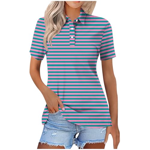 Ybing Poloshirt Damen Gestreift/Farbblock Patchwork Bluse Casual Kurzarm Golfshirt Knöpfen Revers Tennisshirt Elegante Blümchen Druck Oberteile Schlank Sommer Shirt Sportshirt Discounter von Ybing