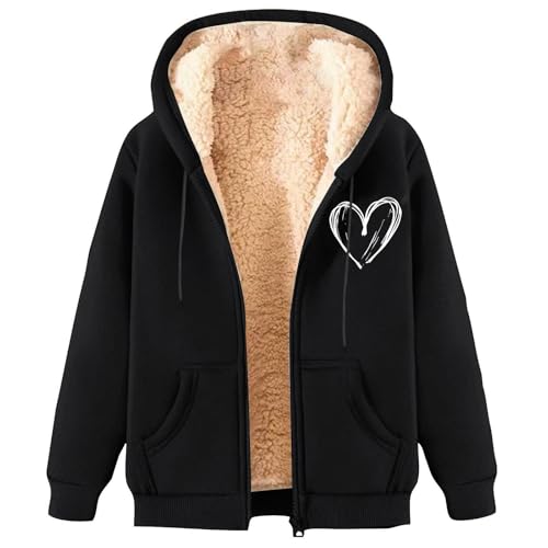 Ybing Teddyjacke Damen Sherpa Gefütterte Sweatjacke Herz Druck Fleece Winterjacke mit Kapuze Warme Fleecejacke Lässig Zipper Hoodie Kordelzug Plüschjacke mit Tasche Reißverschluss Wintermantel von Ybing
