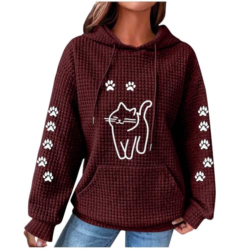 Ybing Waffle Sweatshirt Damen Kawaii Kätzchen Katzenpfoten Muster Kapuzenpullover Casual Hoodie mit Taschen Locker Kapuzenpulli Kordelzug Hoody Oberteile Bequem Langarmshirt Die Discounter von Ybing