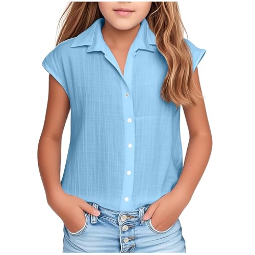 Ybing Warehouse Deals Angebote Musselin Hemd Unisex Kinder Lässig Kurzarm Leinenhemd Einfarbig Baumwolle Leinen Hemdbluse Knöpfe Revers Sommerhemd Sommer Locker Shirt Leichte Oberteile Dünne von Ybing