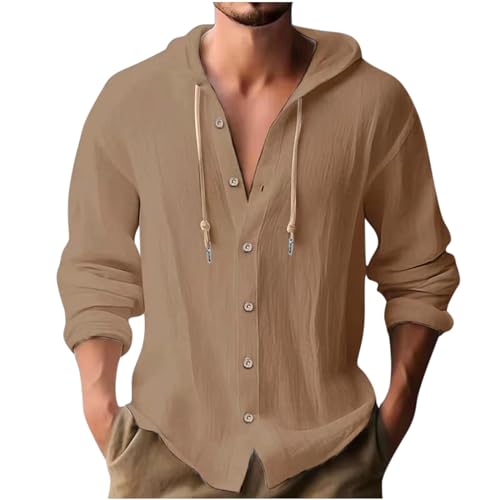 blitzangebote Leinenhemd Herren Baumwolle Leinen Hoodie Einfarbig Hoody Oberteile Knopfleiste Langarm Hemd mit Kapuze Modische Langarmshirt Schlank Sommer Shirt Leichte Sommerhemd Bequem von Ybing