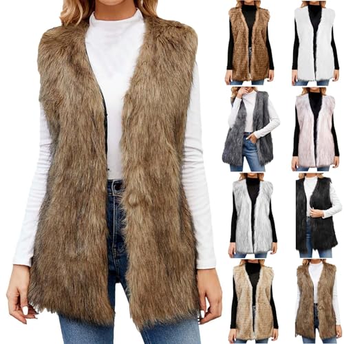 fellweste damen,Kunstpelz Weste Damen Kurz Elegant V-Ausschnitt Faux Pelzweste Warme Ärmellos Kunstfell Jacke Einfarbig Open Front Felljacke Cardigan Weich Fleeceweste Leichte Teddyweste Winterweste von Ybing