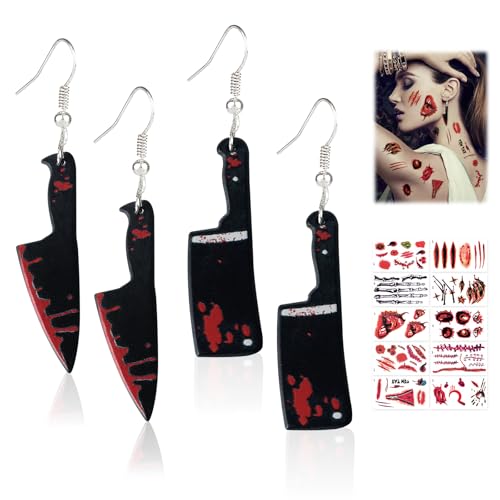 2 Ohrringe Blutiges Hackebeil + 10 Blatt Narben Tattoo Halloween Ohrringe Set Blutiges Messer OHrringe Narben Aufkleber Horror Messer Anhänger OHRringe Halloween-Geschenke für Mädchen und Frauen von Ycaaeo