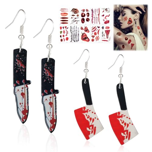 2 Ohrringe Blutiges Hackebeil + 10 Blatt Narben Tattoo Halloween Ohrringe Set Blutiges Messer OHrringe Narben Aufkleber Horror Messer Anhänger OHRringe Halloween-Geschenke für Mädchen und Frauen von Ycaaeo
