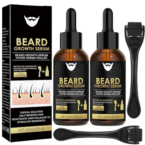2 Stück Bartwachstums Serum mit 2 Bartroller, Bartwachstums Öl, Bartwuchs Kit, Bartwachstum Set, Stimuliert das Bart- und Haarwachstum, Geschenke für Ehemann,Vater, Männer von Ycaaeo