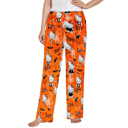 Cartoon Pyjama, Pyjama Hose Halloween, Katze PYjama, Schlafanzughose Damen Lang, Flanell Pyjamahose Damen, Bequemer und Flauschiger Freizeitpyjama für Herbst und Winter von Ycaaeo