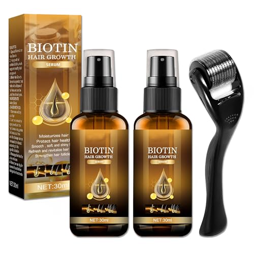 Biotin Haarwachstum Serum, 2 Stück Biotin Hair Growth Spray, mit 2mm Derma-roller, Haarwachstumsspray, Essenzspray, Das Das Haar- und Bartwachstum Anregt, Geeignet für Männer und Frauen von Ycaaeo