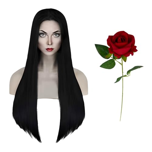 Morticia Perücke Schwarz 85cm,Morticia Kostüm Damen Perücke mit 1 Haarnetz +1 Künstliche Rosen,Hexenkostüm Damen Perücke,Schwarze Perücke Lang für Halloween,Karneval,Cosplay von Ycaaeo