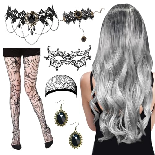 Halloween Gothic Schmuck Perücke, Halloween Schmuck Perücke, mit Perücke Grau Lang, Spinnen Strumpfhose, Ohrring, Armbänder, Augenmasken, Halsketten, für Halloween, Karneval, Mottopartys Halloween Gothic Schmuck Perücke, Halloween Schmuck Perücke, mit Perücke Grau Lang, Spinnen Strumpfhose, Ohrring, Armbänder, Augenmasken, Halsketten, für Halloween, Karneval, Mottopartys von Ycaaeo