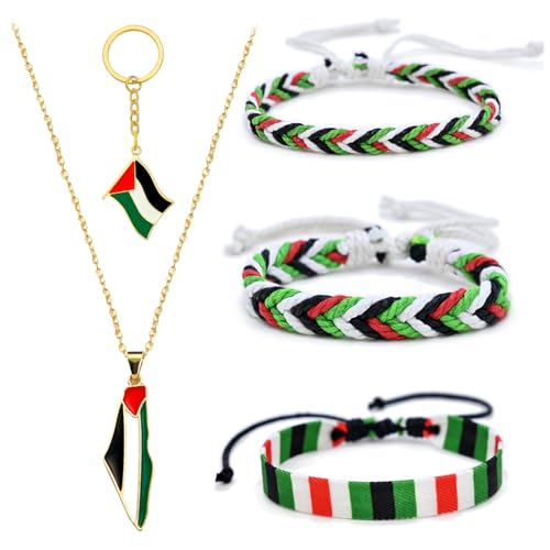 Ycaaeo 5 Stück Palästina Kette + Palästina Fahne Armband + Palästina Schlüsselanhänger, Flaggen-Armbänder Halskette Schlüsselanhänger, Gewebtes Verstellbar Schmuck, Geeignet für Männer und Frauen von Ycaaeo
