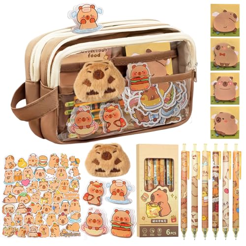 Ycaaeo Wasserschwein Schreibwaren Set, Wasserschwein Federmäppchen mit Inhalt, Süßes Wasserschwein Federmäppchen Geschenkset, mit Aufklebern Haftnotizen Pins, für Schule Büro von Ycaaeo