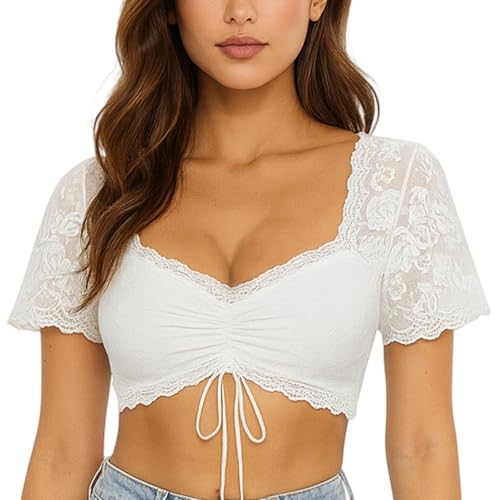 YceLon Dirndl Bluse Damen Elegante Dirndlblusen für Damen mit Kordelzug und Spitzendetails für Oktoberfest und Traditionelle Veranstaltungen von YceLon