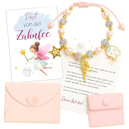 YceLon Zahnfee Geschenke Mädchen Set, Perlenarmband mit verstellbarer Länge (15-30 cm) + Post von der Zahnfee Karte, Geschenkset für emotionale Milchzahn-Überraschungen von YceLon