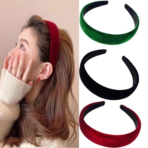 3 Stück Samt Breite Stirnbänder für Frauen Gepolstert Samt Gefühl Alice Haarband Stirnband Schwamm Dicke Haarbänder Mode Rutschfest Stirnband Haarschmuck (Schwarz Rot Grün) von Ycfish