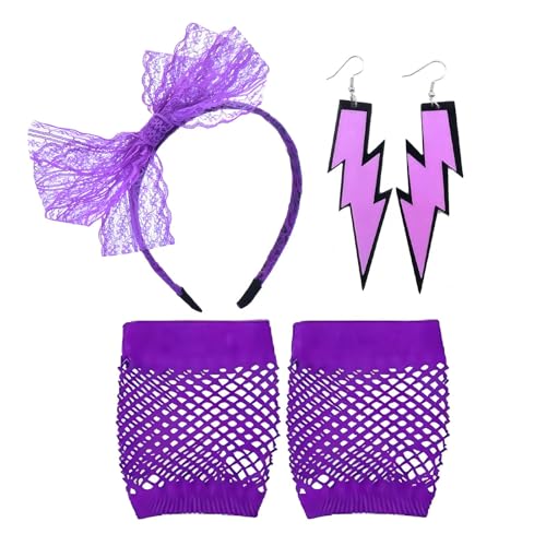 5 Stück 80er Jahre Kostüm Zubehör Spitze Schleife Stirnband Lila Fischnetz Handschuhe Ohrringe Elastische Damen Neon Spitze Stirnband Ohrringe Fischnetz für Frauen Handschuhe 80er Jahre Retro Party von Ycfish