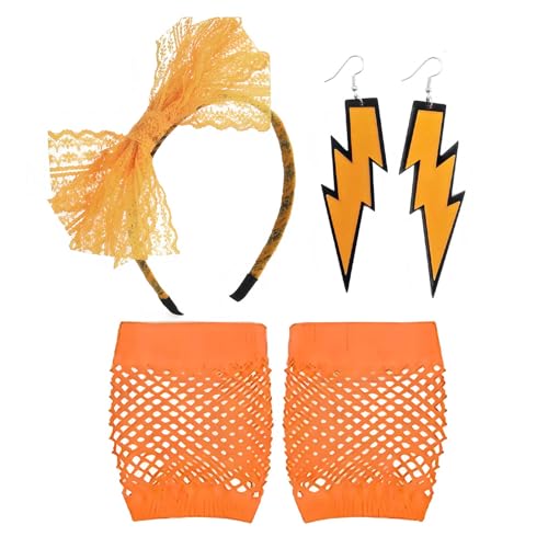 5 Stück 80er Jahre Kostüm Zubehör Spitze Schleife Stirnband Orange Fischnetz Handschuhe Ohrringe Elastische Damen Neon Spitze Stirnband Ohrringe Fischnetz für Frauen Handschuhe 80er Jahre Retro Party von Ycfish