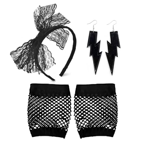 5 Stück 80er Jahre Kostüm Zubehör Spitze Schleife Stirnband Schwarz Fischnetz Handschuhe Ohrringe Elastische Damen Neon Spitze Stirnband Ohrringe Fischnetz für Frauen Handschuhe 80er Jahre Retro Party von Ycfish