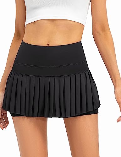 Ycfish Damen Tennisrock mit Hose Plissierter Minirock Sportrock Golfrock Tennis Golf Sport Workout Laufrock Sommerrock mit Taschen Black L-Tag DE M von Ycfish